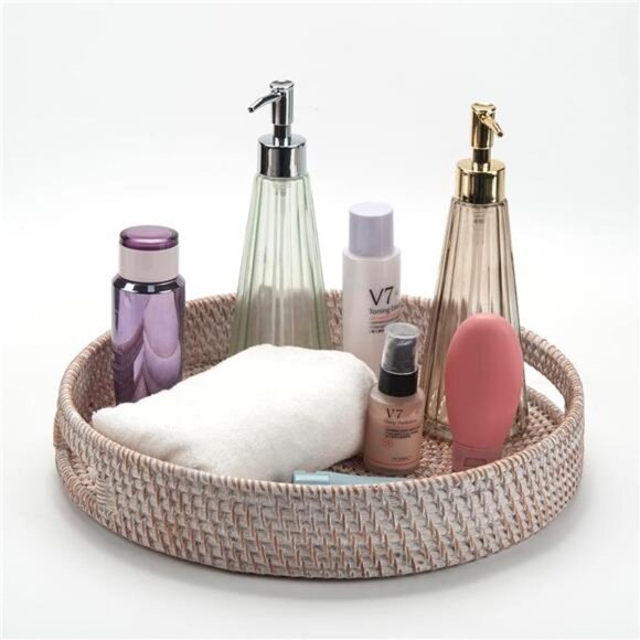 Coffee Table Tray Round Rattan Ottoman Tray Woven Serving Trays with Handles - Picture 7 of 8